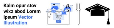 Tablette alışveriş yapan iki kişi, yemeği temsil eden bir çatal ve eğitimi sembolize eden bir mezuniyet şapkası. Çevrimiçi alışveriş, e-ticaret, eğitim, gıda dağıtımı, pazarlama, teknoloji için ideal