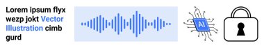 Text block with placeholder words, audio waveform, AI microchip, and padlock icon emphasizing security. Ideal for AI, cybersecurity, text analysis, audio tech, software development online security clipart