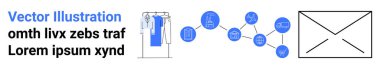 Bir giyim rafının simgeleri, birbirine bağlı dijital ekonomi sembolleri ve bir e-posta sahibi. E-ticaret, dijital pazarlama, çevrimiçi perakende, iletişim, ağ, e-posta kampanyaları için ideal