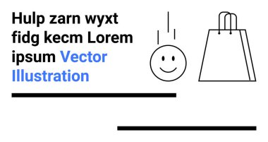 Gülen yüz, düşen çizgiler ve örnek mesajın yanında alışveriş torbası. E-ticaret, pazarlama, pozitiflik, basitlik, modern tasarım, kullanıcı arayüzü web sitesi içeriği ve iniş sayfası için ideal