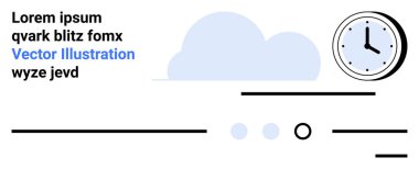 Metin blokları, soyut bulut grafikleri ve siyah ve mavi aksanlı analog saat. Modern tasarımlar, zaman yönetimi, hava uygulamaları, minimalizm temaları, temiz arayüzler, web tasarımı, girişimler için ideal