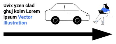 Siyah araba, dizüstü bilgisayar kullanan kişi, büyük siyah ok, siyah ve mavi yer tutucu metin. Ulaşım, teknoloji, navigasyon temaları, iş sunumları ve eğitim içeriği için ideal