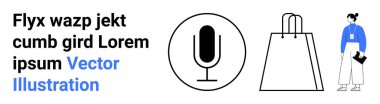 Mikrofon ikonu, alışveriş çantası illüstrasyonu ve elinde belgeler tutan şık bir kadın. Dijital içerik oluşturma, podcast, e-ticaret, alışveriş, moda, belge yönetimi modern yaşam tarzı için ideal