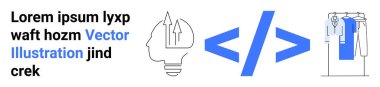 Yukarı doğru ok atan bir ampul ve giysili elbise askısı arasındaki kodlama parantezleri. Girişimler için ideal, e-ticaret, teknoloji, yenilik, web geliştirme, yaratıcılık, iş. İniş