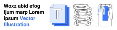 Rastgele mesaj, mavi yığında T harfi, bozuk para yığını, gömlek, kravat ve pantolon askısı. Finans, moda tasarımı, portföy web sitesi dijital medya reklamcılığı için idealdir. İniş