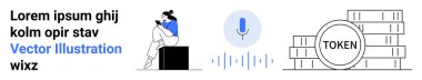 Telefonu olan bir kadın, ses tanıma mikrofon ikonu, jetonlar. Teknoloji için ideal, dijital iletişim, kripto para birimi, engelleme zinciri, yapay zeka mobil uygulama fintech. İniş sayfası
