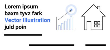 Çubuk grafik ve okun hedefi vurduğu iş geliştirme grafiği, bir evin ana hatları ve örnek metin. İş sunumları, gayrimenkul, veri analizi, finans, pazarlama ve inşaat için ideal