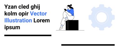 Engellenmiş bir kadın akıllı telefon kullanıyor, modern tasarım elemanlarıyla çevrili vites tekerleği ve yer tutucu metni de dahil. Teknoloji, mobil uygulamalar, kullanıcı arayüzü, yazılım ve modern tasarım için ideal