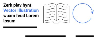 Metin Zerk plav hynt, wuxm feud Lorem ipsum, açık kitap dalgalı çizgiler, mavi dairesel ok. Eğitim, yayıncılık, kütüphaneler, öğrenme, içerik yönetimi, okuma, iniş sayfası için ideal
