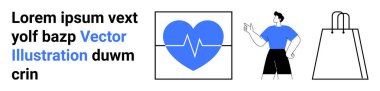 Nabız çizgisi olan kalp, mesajı gösteren figür, alışveriş torbası. Sağlık, e-ticaret, eğitim, teknoloji, iletişim tasarım pazarlama için idealdir. İniş sayfası