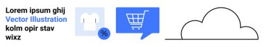 Konuşma balonunda alışveriş arabası, indirim rozetli tişört, bulut ikonu. E-ticaret, çevrimiçi alışveriş, bulut depolama, perakende satış, dijital pazarlama, grafik tasarımı, tanıtım materyalleri için ideal