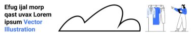 Giysileri rafa kaldırmayı düşünen kişi, bulut çizgisi ve örnek metne bitişik. Moda, karar verme, çevrimiçi alışveriş, gardırop seçimi, kişisel tasarım, veri görselleştirme için ideal