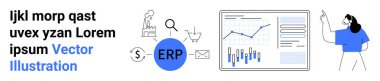 ERP simgesi, büyüteç, büyüme grafiği, alışveriş arabası, analitik bar şeması, e-posta zarfı, dolar sembolü ve iş kadını. Ticari yazılım, veri analizi, finans ve e-ticaret için ideal