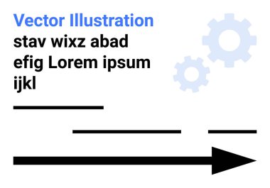 Anlamsız kelimeler içeren metin blokları, sağı gösteren kalın siyah oklar ve açık mavi vitesler. Teknoloji, ilerleme, iş, mekanik, mühendislik, yenilik, iniş sayfası için ideal