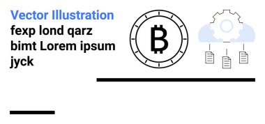 Bozuk para içinde Bitcoin sembolü, bulut ve dokümanlarla donatılmış teçhizat ve örnek metin. Kripto para birimi, engelleme zinciri, finans teknolojisi, veri yönetimi, dijital para birimi, teknolojik çözümler için ideal
