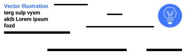 Ampullü mavi dairesel ikon, çeşitli uzunluktaki siyah çizgiler ve sahte metin bölümleri. Markalaşma, iş sunumları, iniş sayfaları, bloglar, dijital pazarlama ve eğitim için ideal