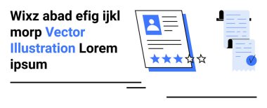 Bir yıldız derecelendirme sistemi olan profesyonel özgeçmiş, işaretlenmiş belgeler ve metin bloğu. İş başvuruları, işe alım süreçleri, iş değerlendirmeleri, eğitim değerlendirmeleri, portföy gösterileri, istemciler için ideal