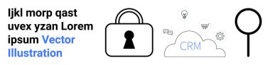 Güvenliği temsil eden asma kilit, entegrasyonu temsil eden ağ simgeleriyle CRM etiketli CRM, aramayı sembolize eden büyüteç, yer tutan metin. Siber güvenlik, veri koruması ve bulut için ideal