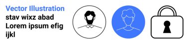 Sakallı bir adam ve kadının profil ikonları ve güvenlik kilidi çizimi. Çevrimiçi kimlik, gizlilik, kullanıcı profilleri, güvenlik, sosyal ağlar, kimlik doğrulama, veri için ideal