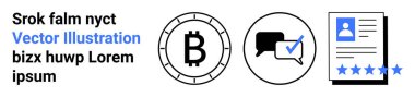 Bitcoin sembolü, işaretli sohbet baloncukları ve profil resmi ve yıldızlı bir inceleme belgesi. Kripto para birimi, dijital para birimi, finans, iletişim, geri bildirim, yorumlar, sosyal para birimi için ideal