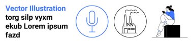 Minimalist unsurlar, mavi mikrofon, daireler çizen siyah fabrika, cep telefonunda okuyan kişi, yer tutucu metin. Teknoloji, endüstri, iletişim, okuma, web tasarımı yer tutucular için ideal eğitim