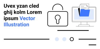Dosya klasörü ve belgeleri olan merkezi kilit sembolü ve bilgisayar ekranı. Veri güvenliği, mahremiyet, dijital koruma, bilgi depolama, siber güvenlik, güvenli dosya yönetimi için ideal