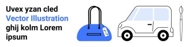 Etiketli mavi çanta, beyaz araba ve araba anahtarı. Seyahat, alışveriş, ulaşım, otomotiv temaları, yaşam tarzı tasarım pazarlama malzemeleri ve web sitesi iniş sayfası için ideal. İniş sayfası