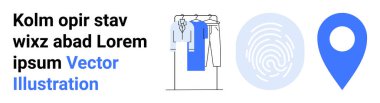 Elbiseli elbise askısı, parmak izi ikonu ve konum işaretleyicisi. E-ticaret, güvenlik, navigasyon, dijital kimlik, moda endüstrisi zaman yönetimi arayüzü tasarımı için idealdir. İniş sayfası
