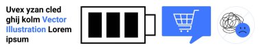 Batarya şarj ikonu, alışveriş arabası sembolü ve kafası karışmış ve üzgün bir yüz. Teknoloji, e-ticaret, duygular, akıl sağlığı, UI tasarımı ve dijital ürünler için idealdir. İniş sayfası