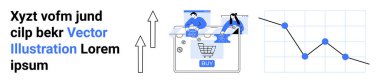 Yükselen bir ok ve veri eğilimlerini gösteren bir çizgi grafiği ile e-ticaret arayüzünde satışları tartışan iki kişi. Ticari büyüme, satış stratejileri, pazarlama planları, e-ticaret, veri