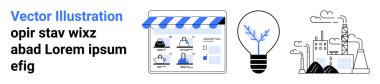 E-ticaret mağazasının avatarlı web sayfası, fikirleri temsil eden yenilikçi ampul, duman yayan endüstriyel fabrika. E-ticaret, yenilik, teknoloji, endüstri, iş dünyası, çevre için ideal