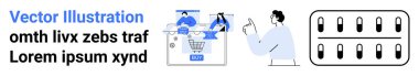 İnsanlar ekran başında alışveriş arabasına bir şeyler ekliyor, pano etrafında tartışıyor, ve bir hap paketini tartışıyor. E-ticaret, çevrimiçi alışveriş, B2B, dijital pazarlama, perakende, müşteri etkileşimi için ideal
