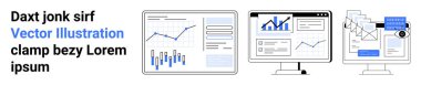 Three computer screens displaying various data analytics with graphs, charts, and flow diagrams. Ideal for business analytics, data visualization, workflow management, corporate presentations, data clipart