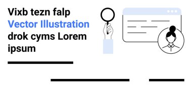 Büyüteç renklendirme metni, satırları olan bir tarayıcı penceresi ve bir kullanıcı profili simgesi. Keşif için ideal, SEO hizmetleri, işe alım, kişisel markalaşma, araştırma, analitik, UX tasarımı. İniş