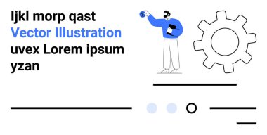 Profesyonel bir adam elinde bir çizelge, yanında büyük bir dişli, soyut çizgiler ve noktalarla sunar. İş, teknoloji, sunumlar, bilgi grafikleri, şirket, girişimler, dijital