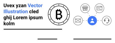 Zarf, alışveriş çantası, kredi kartı ve kulaklık ikonlarına bağlı bitcoin sembolü ve kullanıcı simgesi. Basit, modern ve temiz tasarım. Bitcoin, finans, e-ticaret, iletişim ve müşteri için ideal