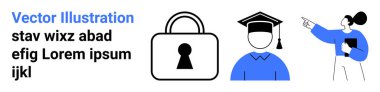 Asma kilit güvenliği simgeliyor. Eğitimi sembolize eden bir başlık mezunu. Not panosuyla yer tutucu metni gösteren bir eğitmen. Akademik güvenlik, çevrimiçi eğitim ve öğrenim koruması için ideal