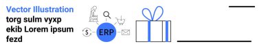 ERP, arama ve hediye kutusu gibi çeşitli iş ve finans simgeleri. İş çözümleri, kurumsal hediyeler, yazılım araçları, arama optimizasyonu, e-posta pazarlaması, finans yönetimi müşterisi için ideal