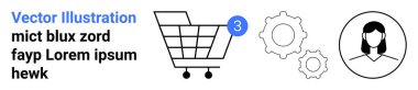 Shopping cart icon with notification badge, user profile picture, gear settings symbol. Ideal for e-commerce, online shopping, user interface, website design, app development, customer experience clipart