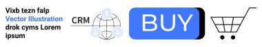 Alışveriş arabası, mavi satın alma tuşu, CRM simgesi ve sahte metin. E-ticaret, CRM sistemleri, alışveriş, pazarlama, perakende, çevrimiçi alımlar ve kullanıcı arayüzleri için ideal. İniş sayfası