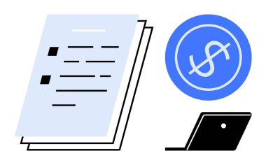 Kontrol listesi olan kağıtlar dolar işareti olan mavi daire ve dizüstü bilgisayar. Finansal stratejiler, iş planlaması, çevrimiçi koordinasyon, bütçe analizi, muhasebe projesi için ideal