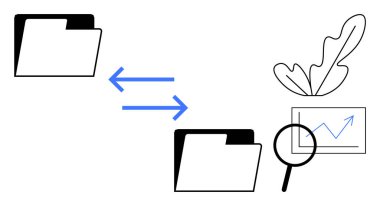 Arasında ok olan iki dosya klasörü, bir grafiğin üzerinde büyüteç ve bir yaprak. Veri değişimi, iş büyümesi, analitik, verimlilik, dijital dönüşüm, genel araştırma için ideal