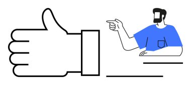 Mavi tişörtlü birinin sağını gösteren büyük baş parmak işareti. Onay, olumlu geri bildirim, rehberlik, iletişim, tavsiye, destek ve karar verme için ideal. Basit soyut