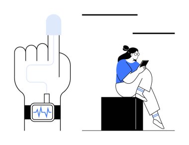 Geniş parmaklı, akıllı aletli, tablet kullanan bir kadın. Sağlık teknolojisi, giyilebilir cihazlar, fitness, sağlık, uzaktan izleme, kişisel sağlık teknolojisi yaşam tarzı için ideal. Satır metaforu