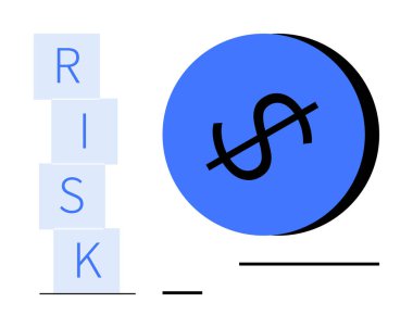 Yığınlanmış bloklar RISK 'in yanında bir dolar işaretli, mali istikrarsızlığı resmeden mavi bir dairenin yanında. Finans, yatırım, karar verme, ekonomik analiz, iş stratejisi ve risk için ideal