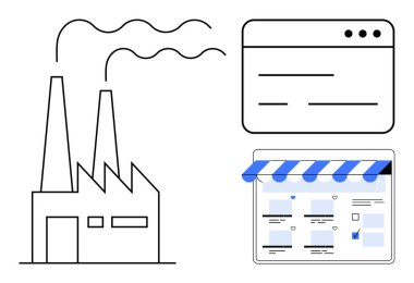 Duman yığınları, tarayıcı penceresi ve çevrimiçi mağaza arayüzü olan bir fabrika. Sanayi üretimi için ideal, çevrimiçi ticaret, web geliştirme, dijital pazarlama, ekommerce stratejileri, iş