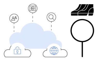 Üzerinde kullanıcı profilleri, video, arama, kilit, dünya simgeleri, geometrik elementler olan bulut. Teknoloji, ağ oluşturma, veri güvenliği dijital araçları çevrimiçi arama bağlantısı yeniliği için ideal