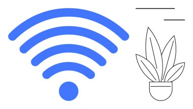 Basit siyah-beyaz saksı bitkisinin yanında büyük mavi kablosuz sinyal simgesi. Dijital yaşam dengesi, teknoloji entegrasyonu, akıllı evler, bağlantı, minimalizm, dijital refah, soyut