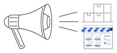 Bir kutu yığınına ve çevrimiçi mağaza arayüzüne doğru yansıtılan megafon. E-ticaret, dijital pazarlama, çevrimiçi perakende, lojistik, reklamcılık, ürün tanıtımı, iş stratejisi için ideal