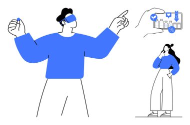 Karakterler artırılmış gerçeklikle etkileşime girer büyük bir kişi işaret eder, başka bir kişi akıllı telefonu başparmaklar ve dijital simgelerle tutmayı düşünür. Teknoloji, sosyal medya, yenilik ve kullanıcı için ideal